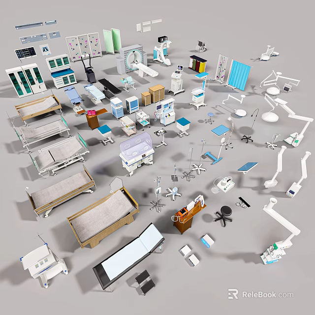 Comprehensive Collection of Medical Equipment Including Hospital Beds Surgical Tables Wheelchairs Monitors and IV Stands 3d model 