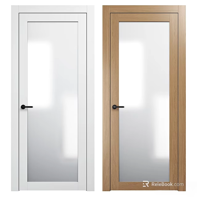 Modern White and Wooden Swing Door with Glass Panel and Black Door Handle Design 3d model 