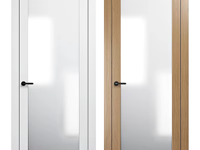 Modern White and Wooden Swing Door with Glass Panel and Black Door Handle Design 3d model