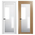 Modern White and Wooden Swing Door with Glass Panel and Black Door Handle Design