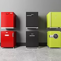 Stylish Red Black And Yellow Mini Refrigerators Stacked Against Gray Wall And Floor