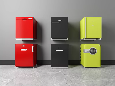 Stylish Red Black And Yellow Mini Refrigerators Stacked Against Gray Wall And Floor 3d model