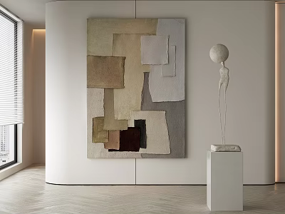 Modern Interior With Abstract Collage Painting And Minimalist Sculpture Decor 3d model