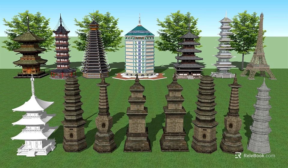 Various Traditional and Modern Towers Displayed with Green Trees in Park 3d model 