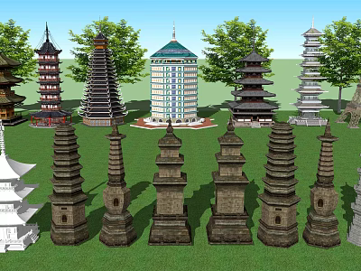 Various Traditional and Modern Towers Displayed with Green Trees in Park 3d model