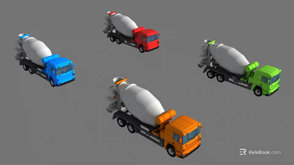 Colorful Concrete Mixer Utility Vehicles in Blue Red Orange Green for Construction 3d model 