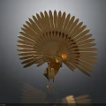Golden Turkey Sculpture With Fan Shaped Feathers And Reflection On Black Background
