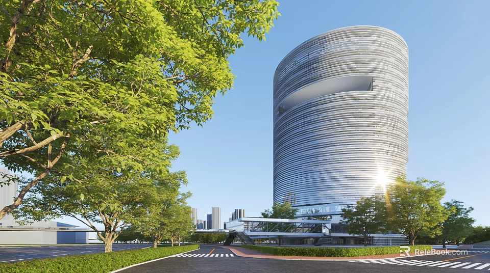 Modern Circular Office Building with Striped Facade Surrounded by Green Trees and Sunlight 3d model 