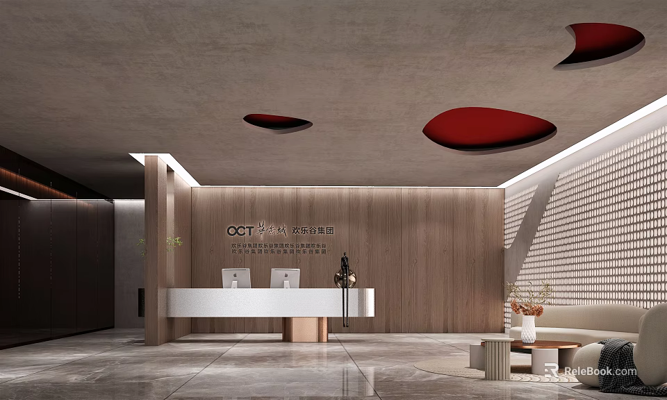 Modern Reception Area With White Counter Wooden Wall And Red Circular Ceiling Decorations At OCT Creative Exhibition Center 3d model 