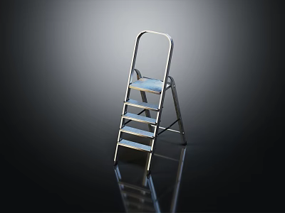 Silver Metal Four Step Ladder With Reflective Surface On Black Background 3d model