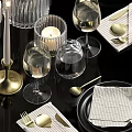 Elegant Modern Dinnerware Set With Plates Wine Glasses Candle Holders White Decorative Plants And Napkins