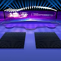 Modern Conference Hall With Purple Screen Black Seats Blue Aisle And Arched Lights