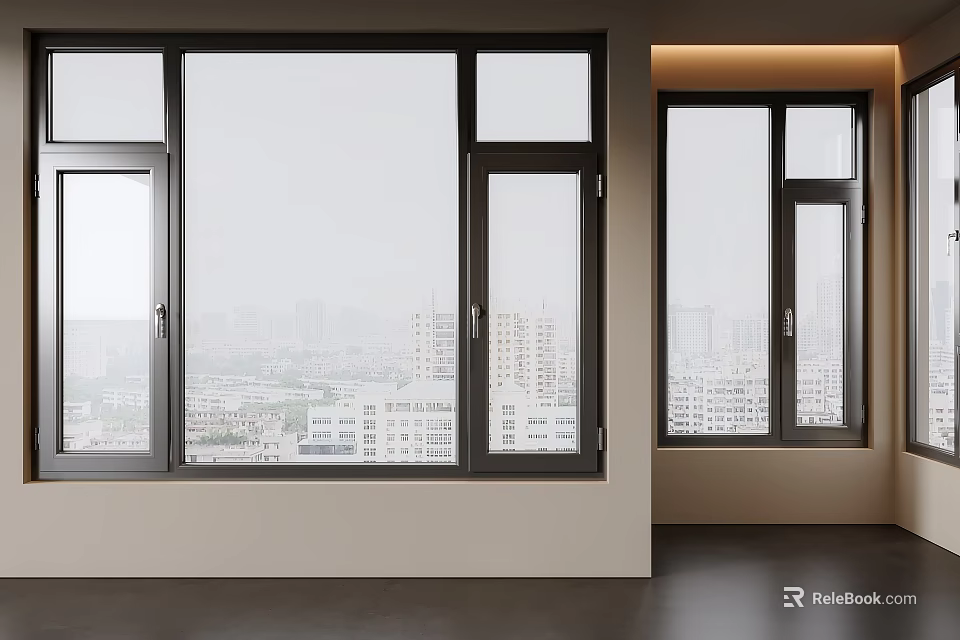 Modern Casement Windows in Urban Interior With Black Frames And City View 3d model 