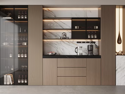 Modern Wine Cabinet With Glass Door And Marble Backsplash LED Lighting And Coffee Station 3d model