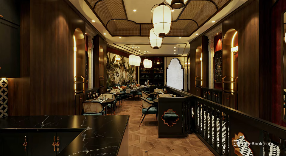 Classic Restaurant Interior With Wooden Decor Hanging Lanterns And Dining Tables 3d model 