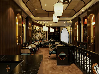 Classic Restaurant Interior With Wooden Decor Hanging Lanterns And Dining Tables 3d model