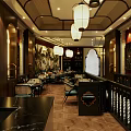 Classic Restaurant Interior With Wooden Decor Hanging Lanterns And Dining Tables