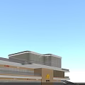 Modern Commercial Landscape With Buildings Green Roofs Circular Plaza Central Fountain Steps And Green Belts