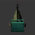 Green Hull Sailing Water Transport With Multiple Yellow Sails And Decorative Design