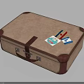 Brown Textured Suitcase With Red Straps Edges And Travel Stickers For Daily Use