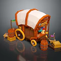 Cartoon Covered Wagon In A Scene With Barrels Crates And Supplies