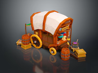 Cartoon Covered Wagon In A Scene With Barrels Crates And Supplies 3d model