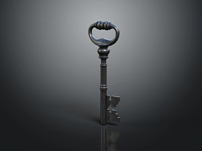 Vintage Metal Key With Ring Shaped Decorative Handle And Intricate Design On Dark Background 3d model
