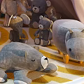 Stuffed Plush Dolls Inside Teepee Tent With String Lights Striped Rug And Boys Toys Bucket