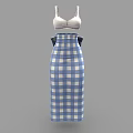 Stylish Blue And White Plaid Skirt With White Cami Top And Belt Detail