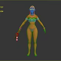 Woman With Orange Skin Red Hair Arm Tattoos Gray Bikini Holding Weapon With Red Decorations