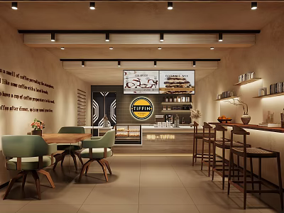 Modern Café Interior With Wooden Tables Green Chairs Bar Counter And Wall Art 3d model