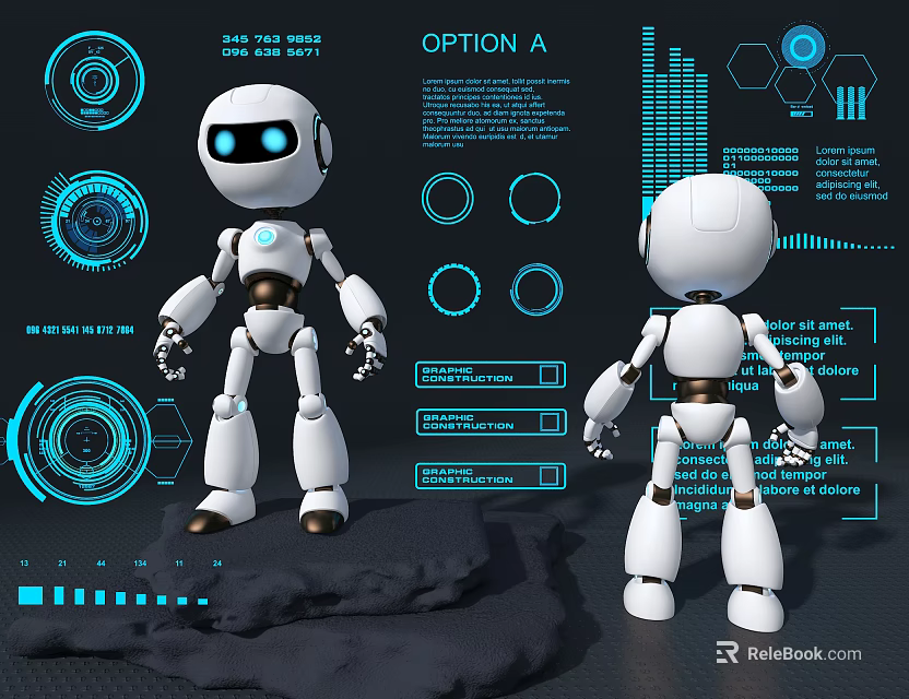 Futuristic Window Display Decoration With Robot Figure Blue Halo Lights And Data Charts 3d model 