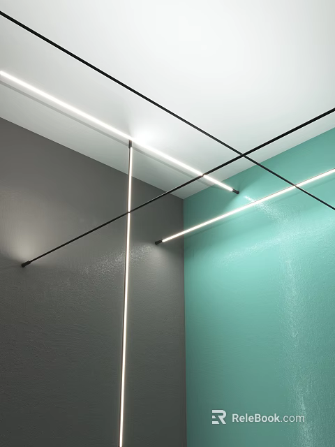 Modern Linear Decorative Lights Installed On Ceiling With Gray And Teal Walls 3d model 