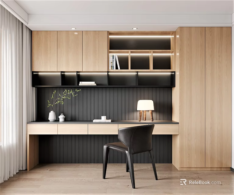 Modern Wooden Desk Featuring Built-in Cabinets Bookshelf Table Lamp Green Plant And Black Chair 3d model 
