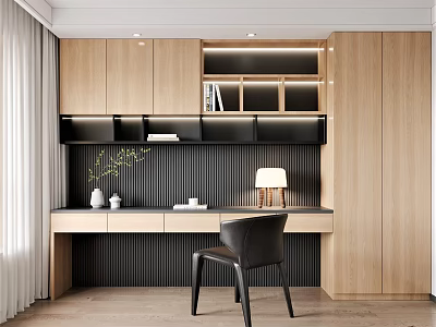 Modern Wooden Desk Featuring Built-in Cabinets Bookshelf Table Lamp Green Plant And Black Chair 3d model