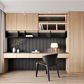 Modern Wooden Desk Featuring Built-in Cabinets Bookshelf Table Lamp Green Plant And Black Chair