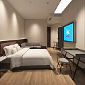 Modern Hotel Guest Room Interior With Comfortable Bed Wall-Mounted TV Desk Chair And Wooden Walls