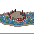 Octagonal Red Railed Platform Surrounded By Pool With Pink White Lotus Flowers And Green Leaves