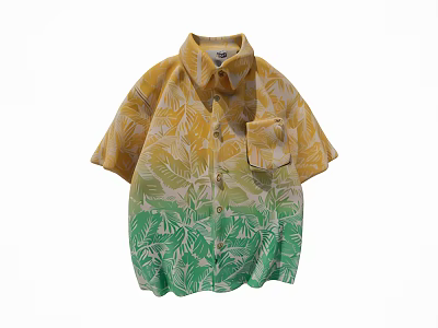 Tropical Leaf Print Yellow Green Gradient Short Sleeve Casual Shirt With Pocket 3d model