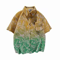 Tropical Leaf Print Yellow Green Gradient Short Sleeve Casual Shirt With Pocket