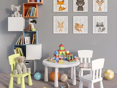 Kids Table with Building Blocks Balls Chairs Stuffed Toys and Animal Wall Art 3d model