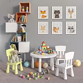 Kids Table with Building Blocks Balls Chairs Stuffed Toys and Animal Wall Art