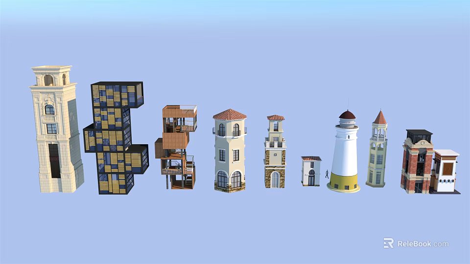 Various Architectural Towers Featuring Traditional Modern And Lighthouse Design Styles 3d model 