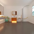 Simple Bedroom Interior With Wooden Bed Desk Chair Cabinet Plants Large Window And City View