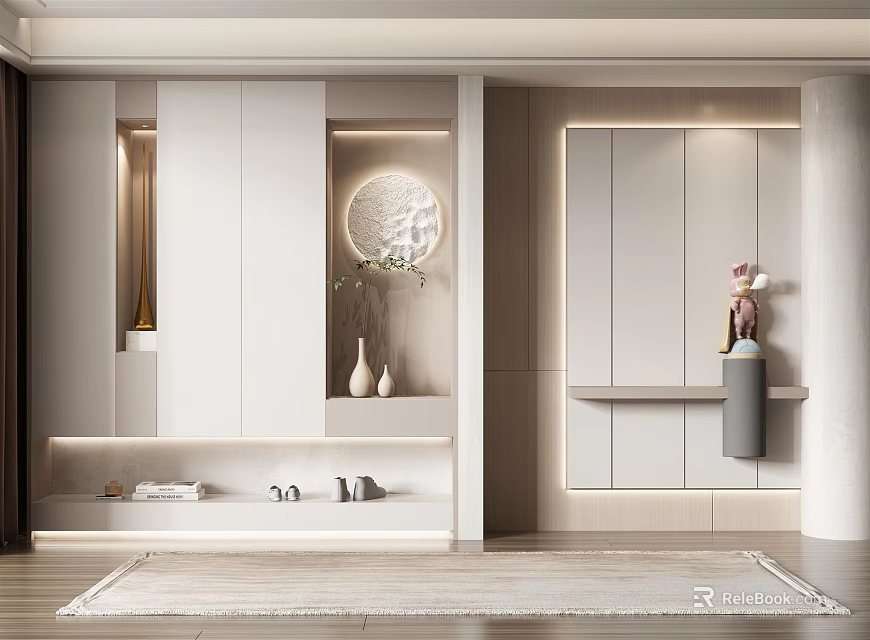 Modern Entryway Shoe Cabinet Design With LED Lighting Mirror And Decorative Vase 3d model 