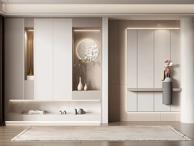 Modern Entryway Shoe Cabinet Design With LED Lighting Mirror And Decorative Vase 3d model