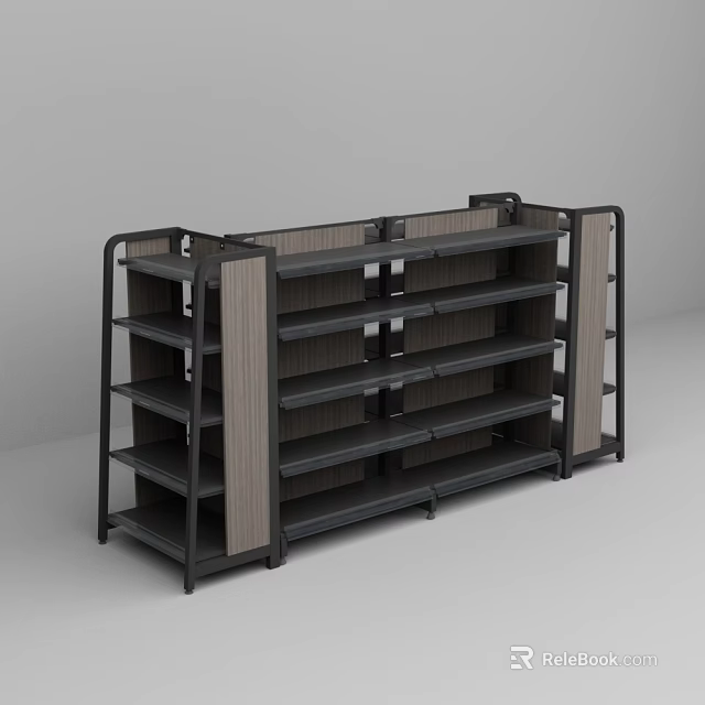 Convenience Store Display Shelving With Multiple Tiers Black Frame And Wooden Panels 3d model 