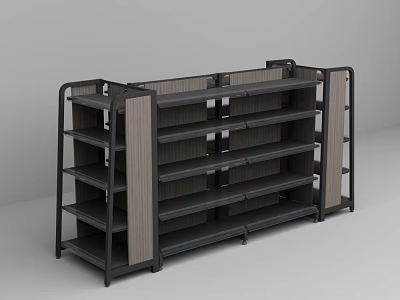 Convenience Store Display Shelving With Multiple Tiers Black Frame And Wooden Panels 3d model