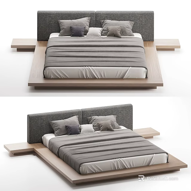 Modern Double Bed Design With Upholstered Headboard Wooden Frame And Pillows 3d model 