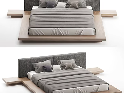 Modern Double Bed Design With Upholstered Headboard Wooden Frame And Pillows 3d model